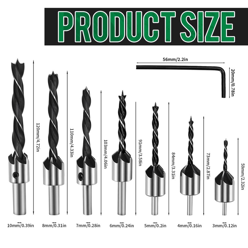 Drill with Countersink, 7-Piece Wood Drill Set, Spiral Drill Bit