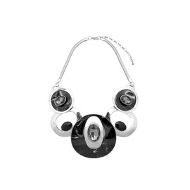 Fashion 21 Women's Celluloid Acetate Oval Disc Glass Stone Metal Link Statement 17 inches Plus Extension Link Necklace (Silver + Black Tone)