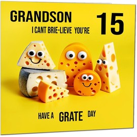 15th Grandson Birthday Card - Cheese Pun Funny Grandsons Birthday Card for 15 Year old teenage Kids fifteen, fifteenth