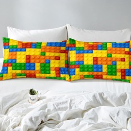 Feelyou Building Blocks Bed Sheets Set for Kids Twin Size Boys Games Colorful Bedding Set Toy Brick Geometric Fitted Sheet Child Bedroom with 1 Pillowcase