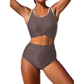ZAFUL Modest Bikini Sets for Women Tummy Control Swimsuit Twist Knot Ruched Two Piece Bathing Suit Push Up Full Coverage Bikini Top with High Waisted Bikini Bottoms Sporty Swimwear Coffee Gray M