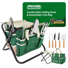 GardenHOME 7-Piece Gardening Tool Set – Stainless Steel Tools with Wooden Handles, Folding Stool & Canvas Tote, Durable Garden Kit for Women and Beginners