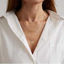 ASCOMY Layered Necklaces for Women Dainty Gold Necklace 14K Gold Plated Pearl Chain Necklace Bar Chain Hammered Pendant Necklace Simple Gold Necklaces for Women Girls Everyday Gold Jewelry Gift