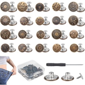 RSXING 24 Sets Replacement Jeans Buttons 17 mm and 20 mm, No Sewing, Instant Removable Trouser Button Pins, Removable Metal Button to Extend or Reduce the Waist Size