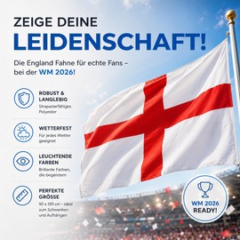 Bandiera dell'Inghilterra – Mondiali 2026 – Articolo per fan – Poliestere & occhielli in metallo – Campionato del mondo (Inghilterra 90 x 150 cm)