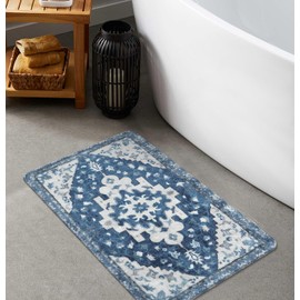 Uphome Vintage Bathroom Rug Blue Boho Non-Slip Bathroom Mat Oriental Soft Machine Washable Bath Rugs Cute Tribal Floral Floor Mats for Sink Tub Door Mat, 18x25 inch