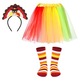 Loopeer 4 Pcs Thanksgiving Turkey Trot Costumes Included Thanksgiving Tutus Skirt Turkey Headband Running High Socks Cosplay Party Accessories