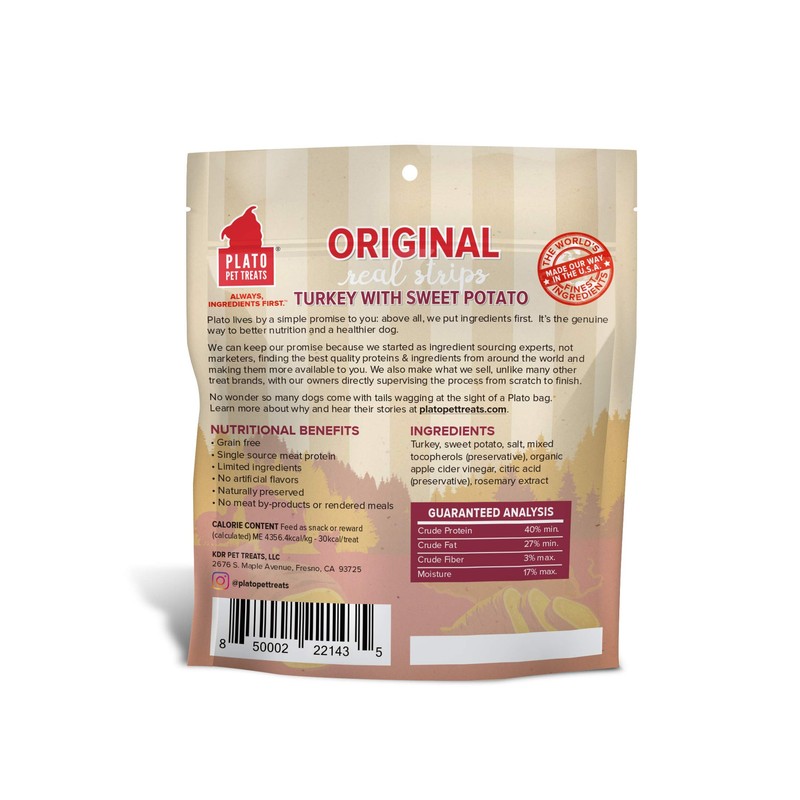 Plato Original Turkey Real Strips Dog Treats, Grain Free Meat
