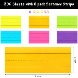 150 Sheets Sentence Strips Ruled Rainbow Sentence Learning Strips for School Office Supplies,6 Pack (3 x 8 Inch, Bright Colors)
