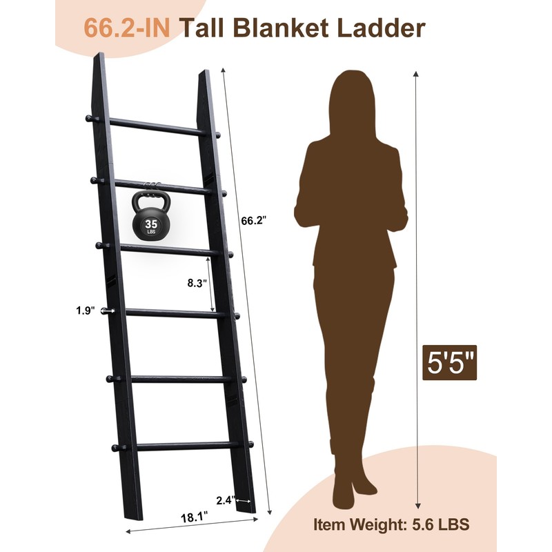 TEAKMAMA 6-Tier Blanket Ladder with Hanging Knobs, 5.5 Ft Wall