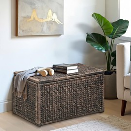 eHemco Heavy-duty Water Hyacinth Wicker Storage Trunk with Metal Frame, 36 by 20 by 18.5 Inches, Brown Wash