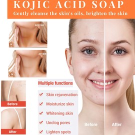 Kojic Acid Skin Brightening Soap 3Pcs * 65g, Facial Soap, Solid Soap Bar For Effectively Removing Acne Spots, And Used For Deeply Cleaning Face And Body Skin (Multifunctional Facial Towel *3)