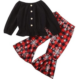 Toddler Girl Christmas Outfit Kids Girl Long Puff Sleeve Solid Tunic Top Xmas Floral Bell Bottom Fall Winter Pants Set (Black, 12-18 Months)