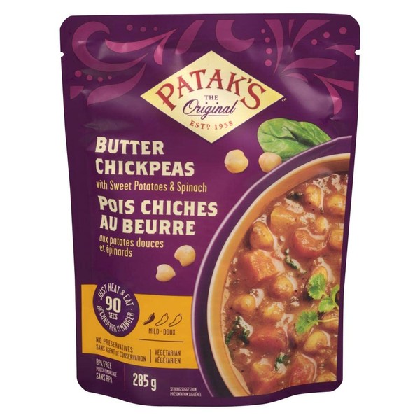 Patak's, Butter Chickpeas, Ready to Eat, with Sweet Potatoes & Spinach, Authentic Indian Cuisine, 285g
