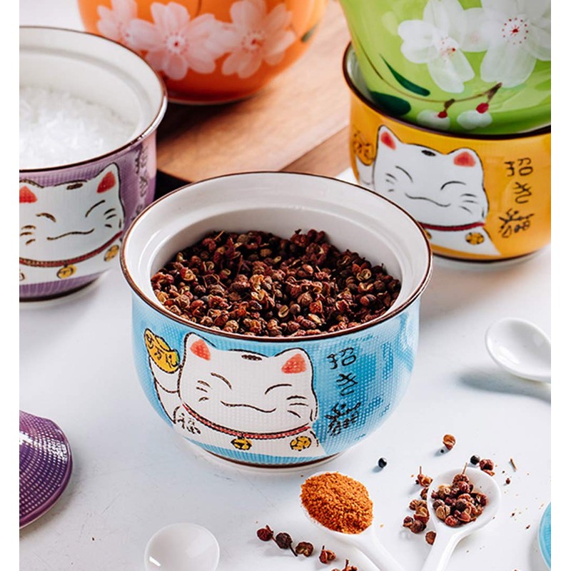Ceramic Japanese Lucky Cat Sugar Bowl Salt Storage Jar with