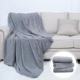 SeaBeauty Warm Soft Throw Blanket Faux Rabbit Fur, 2 Layers Plush and Sturdy Thick Luxury Cozy Blanket, Suitable for Couch Bed, Fluffy Elegant Throw for Home Decor 580gsm Grey, Pack of 3-50 x 65Inch