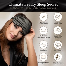 SILKSLEEK Eye Mask for Sleeping, 22 Momme Pure Mulberry Silk Sleep Mask Filled with 100% Pure Silk, Travel Essentials, Super Soft & Comfortable Blackout Eye Mask in Gift Box (Charcoal)