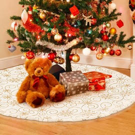 GIGALUMI Christmas Tree Skirt, 36"/90 cm Christmas Tree Skirt with Snowflakes, Snow White faux fur Tree Skirt for Christmas, Home, Parties, Decorations (White/Gold)