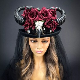 Beyond Masquerade Ram Horns Steampunk Costume Hat Headpiece Red Rose Top Hat Plague Doctor Bird Be