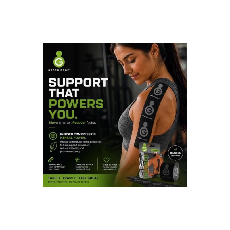 Green Drop Herb-Infused Precut Kinesiology Tape for Sports & Fitness