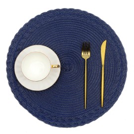 SHACOS Round Placemats Set of 4 Boho Braided Border 15 inch Circle Place Mats Washable Fabric Table Mats for Kitchen Dining Table, Navy