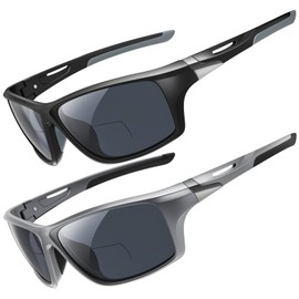 Amorays Bifocal Sunglasses with Prescription Men's Wrap Around Sporty Sunglasses Reader Outdoor Clear Top Soft Nose Pads PC Frame UV400 8020, Black & Grey