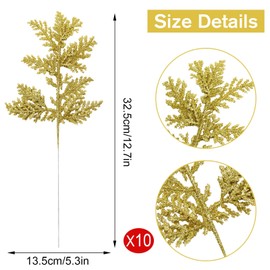 MOTONG 10 PCS Glitter Artificial Christmas Tree Pine Leaves, Artificial Christmas Leaves Picks, Artificial Pine Needles Simulated Tree Branch for Xmas Tree Wreath Seasonal Decoration(Gold)