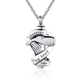 YSAHan Cross Urn Necklaces for Ashes Praying Hands Cremation Memorial Stainless Steel Pendant Jewelry Forever in My Heart with Nana