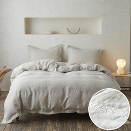 Simple&Opulence 100% Linen Duvet Cover Set with Crossed Embroidery Washed - 3 Pieces (1 Duvet Cover with 2 Pillow Shams) Soft Breathable Farmhouse - Linen, Queen Size