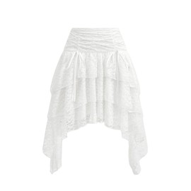Verdusa Women's Lace Asymmetrical Layered Midi Skirt Tie Knot Ruched Flared Short Skirts White Small