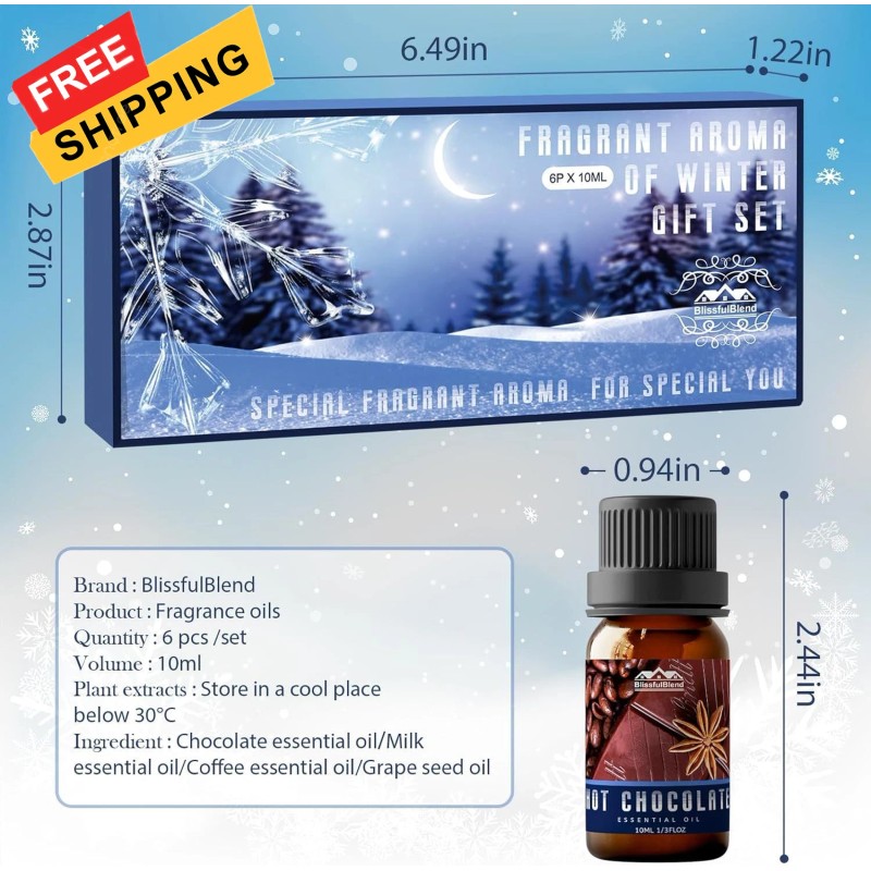 BlissfulBlend Winter Essential Oils Gifts Set 6 Pack Oil of