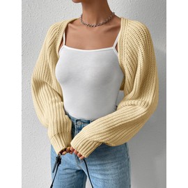 SECRETEYARD Women's Long Sleeve Open Front Knitted Crop Cardigan Drop Shoulder Knit Christmas Shrug Beige