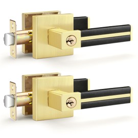 EHOMEWARE 2 Pack Gold Door Handles, Keyed Alike Brass Interior Door Levers with Black Leather Handle, Entry Door Handles Locksets for Bedroom Living