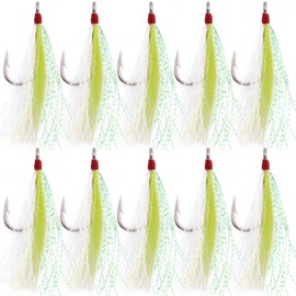 Fishing Bucktail Teasers Hooks Saltwater Bottom Fishing Rigs Hook Bucktail Mylar Flash Teasers for Snapper Catfish Cod Flounder Hi-Lo Rigs Green 10pcs