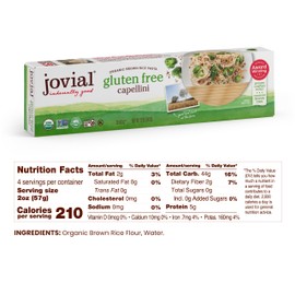 Jovial Whole Grain Brown Rice Capellini Pasta - Whole Grain Pasta, Organic, Gluten Free, Dairy Free, Brown Rice Pasta, Made in Italy - 12 Oz, 4 Pack
