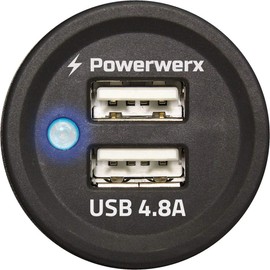 Powerwerx PanelUSB-Plus 4.8A Dual USB Device Charger 1 1/8” Panel Hole Mount for 12/24V Systems
