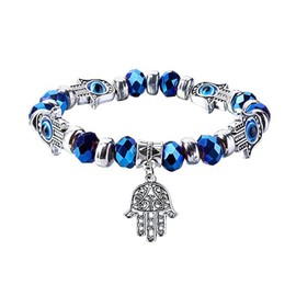Wendalern Evil Eye Hamsa Bracelet Crystal Beads Fatima Hand Bracelet Stretch Sideway Blue Eye Hamsa Hand Bracelet Turkish Lucky Evil Eye Bracelet Jewellery for Women and Men, Resin