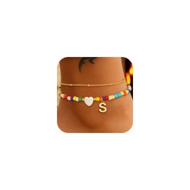 Eaciy Colorful Initial Ankle Bracelets for Women - 14K Gold Plated Layered Heart Initial Anklets Bracelet Dainty A - Z Letter Ankle Bracelet Colorful Layered Anklet Bracelet for Women, 8+2, Brass, no