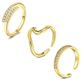 WillTen 3Pcs Gold Toe Ring Stainless Steel Adjustable Bend Open Toe Ring, Plain Wave CZ Toe Finger Tail Ring Summer Beach Foot Jewelry Set for Women Men
