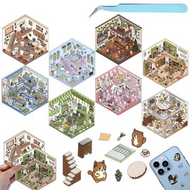 8Sets DIY 3D House Stickers Sticker Therapy Kit for Adults, Kids Fun DIY Stickers Scene 8 Theme Paper Craft Make Your Own Cafe Store Scrapbooking Book for Adult Relief Stress Pass The Time