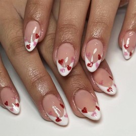 Valentine's Day Press On Nails Short Almond Nude Fake Nails with Designs Glitter Heart White French Tips False Nails Glossy Full Cover Holiday Acrylic Nails Glue Stick On Nails For Women Girls 24PCS