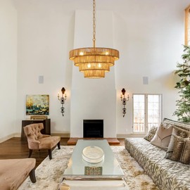 Monikessy 19.7" Boho Hand-Woven Rattan Chandelier Vintage Farmhouse 4 Round Hemp Rope Large Pendant Light 6-Lights Golden Chandelier Light Fixture for Dining Room Kitchen Island Living Room