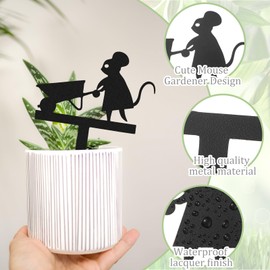 Leinuosen Set of 4 Funny Cute Mouse Garden Plant Pot Decor Gardener Mice Garden Stakes Decorative Small Silhouette Mice 5.51'' Black Metal Plant Stakes Marker Yard Art Animal Statue Ornament