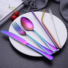 Yotsuba Travel Cutlery Set, 8pcs Portable Stainless Tableware Dinnerware Travel Camping Cutlery Kit Portable Flatware Set Travel Camping Utensil Dinnerware Set with Case (Rainbow)