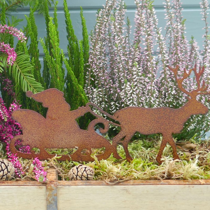 Storm's Gartenzaubereien Garden Stake Santa Sleigh with Reindeer in Rust