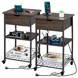 Tantmis Night Stands for Bedrooms Set of 2, Nightstand with Charging Station, End Tables, Bedside Table, Side Table, for Living Room, Bedroom, Night Stand with Drawer, Kids Nightstand, Dark Grey