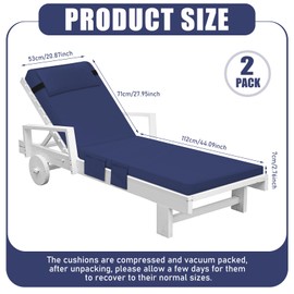 Tondiamo 2 Set Outdoor Chaise Lounge Cushions with Pillows and Storage, 72 x 21 x 3 Inch Outdoor Lounge Chair Seat Pads Outside Waterproof Chaise Cushion for Lawn Patio Furniture(Navy Blue)