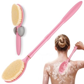 GEENOA New Back Scrubber for Shower, 18.9‘’ Anti-Slip Corn-Handle Shower Back Scrubber with Large Brush Head & Soft Bristles, 3-in-1 Shower Brush Bath Brush for Lathering Cleansing(Pink-L)