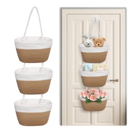3 Levels Over Door Hanging Basket Wall Storage Cotton Rope Woven Hanging Basket Bedroom Living Room Bathroom Decorative Hanging Basket Clothes Storage Hanging Basket (White + Khaki)