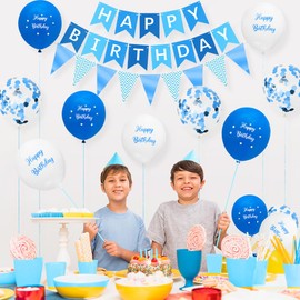 Happy Birthday Banner for Boys Birthday Party Decorations Light Blue Birthday Decorations for Boys with 16pcs Thick 12 Inch Blue Birthday Party Balloons by Wonsta